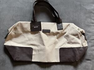 John Varvatos Canvas Faux Leather Weekender Duffle Travel Bag NWT Beige Brown